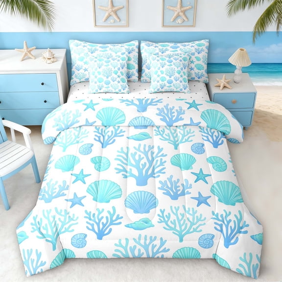 Manfei Blue Coral Seashell Starfish Twin Bedding Sets for Kids Boys and Girls, Coastal Sealife Bedding Comforter Set, Reversible 7 Pieces