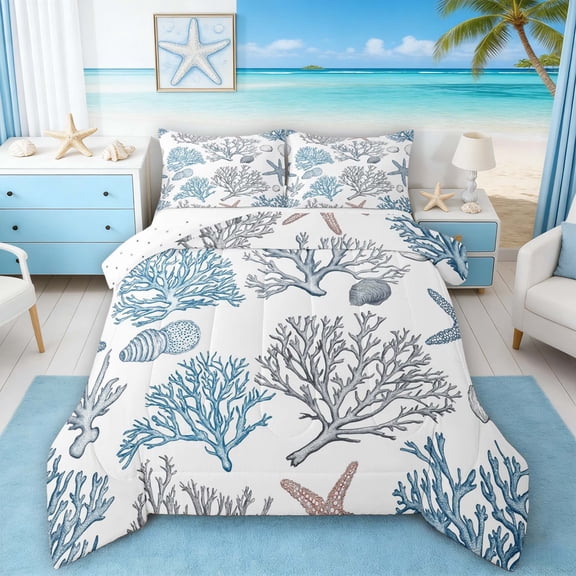 Manfei Blue Coral Starfish Seashell Full Size Comforter Sets for Kids Boys and Girls, Underwater World Bedding Sets, Reversible 3pcs, 1 Comforter and 2 Pillowcases