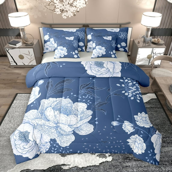 Manfei Blue Country Plant 7-Piece Twin Bedding Sets,Rustic Flower Floral Bedding Comforter Set,Natural Botanical Sheet Sets For Boys,Microfiber Bedroom Decor Reversible