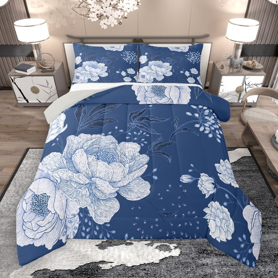 Manfei Blue Country Plant Full Size Comforter Sets,Rustic Flower Floral Bedding Comforter Set,Natural Botanical Bedding Sets For Boys,Microfiber Bedroom Decor Reversible,3-Piece