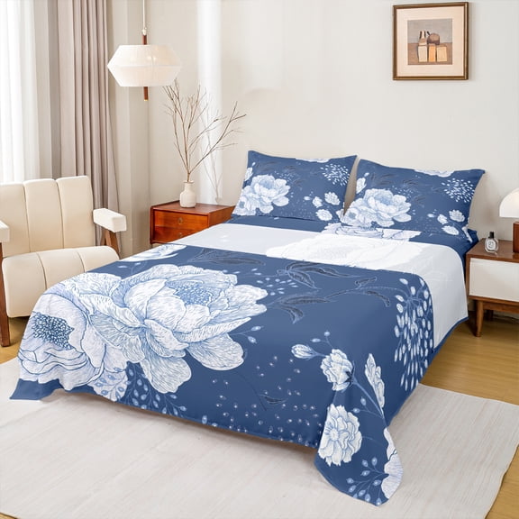 Manfei Blue Country Plant Twin Sheet Sets,Rustic Flower Floral Twin Fitted Sheet,Natural Botanical Flat Sheet For Boys,Microfiber Bedroom Decor,3pcs