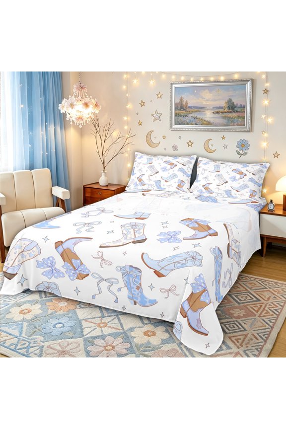 Blue Cowboy Boot Bow Print Queen Sheet Sets for Girls, Cute Boots Bed Set, 4 Pieces