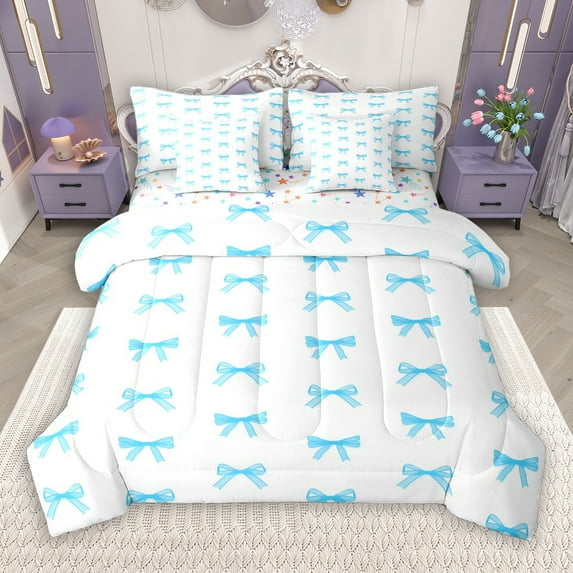 Manfei Blue Cute Ribbon 7-Piece Bedding Comforter Set, Dreamy Cartoon Bowknot Bow King Bedding Sets, Teens Kids Boys Girls Reversible Bed Sheets, Lightweight Room Decor