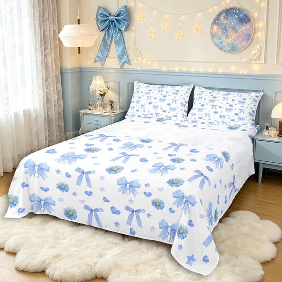 Manfei Blue Daisy Bowtie Bed Sheets 4pcs for Teens Girls,Kids Chic Flowers King Sheets,Lightweight Room Decor