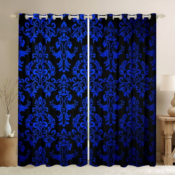 Manfei Blue Damask Flower Blackout Curtains Set of 2 (52x84 Each), Tribal Hippie Mandala Window Curtains, Teen Adult Female Man Curtains and Drapes, Curtains and Drapes Room Decor