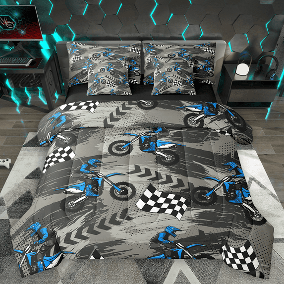 Manfei Blue Dirt Bike Bedding Comforter Set 7pcs, Motocross Game King Bedding Sets, Motorcycle Track Racing Flag Bed Sheets, Ultra Soft Home Decor