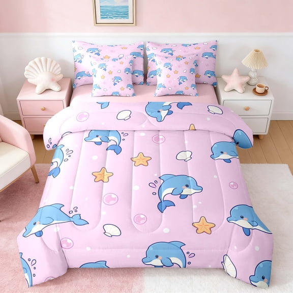 Manfei Blue Dolphin Starfish Seashell Bedding Comforter Set for Kids Boys and Girls, Pink Marine Life Print Queen Bedding Sets, Pink Reversible 7 Pieces