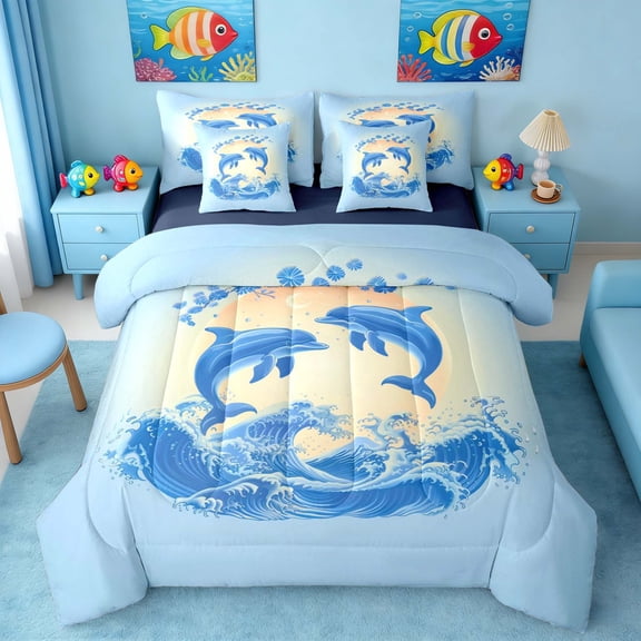 Manfei Blue Dolphin Wave Bedding Comforter Set for Kids Boys and Girls, Marine Art Print King Bedding Sets, Navy Reversible 7pcs