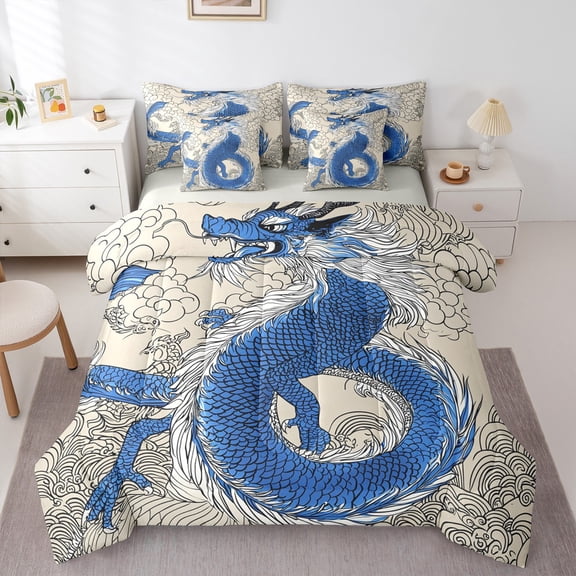 Manfei Blue Dragon 7-Piece Bedding Comforter Set,Magic Animal King Bedding Sets,Boho bohemian Style Bed Sheets For Boys Kids,Microfiber Bedroom Decor Reversible