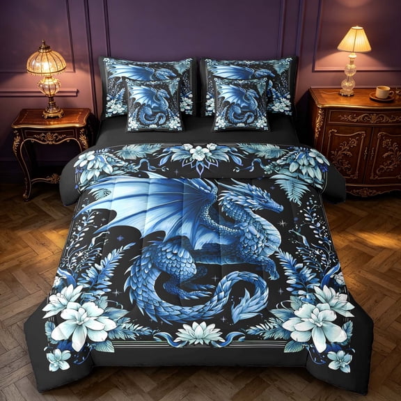 Manfei Blue Dragon Animals 7-Piece Twin Bedding,Gothic Floral Wildlife Bedding Comforter Set,Black Reversible