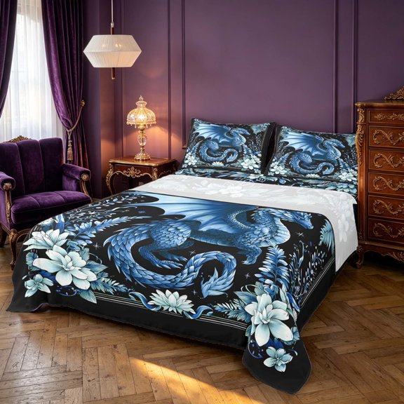 Manfei Blue Dragon Animals Queen Sheets,Gothic Floral Wildlife Queen Sheet Sets,4pcs,1 Flat Sheet,1 Fitted Sheet and 2 Pillowcases