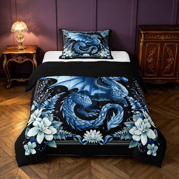 Manfei Blue Dragon Animals Twin Comforter Sets,Gothic Floral Wildlife Bedding Set,Black Reversible,2-Piece,1 Comforter and 1 Pillowcase