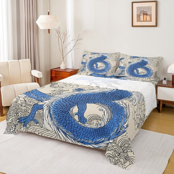 Manfei Blue Dragon Twin Sheet Set (3-Piece) Magic Animal Bohemian Decor For Boys Kids