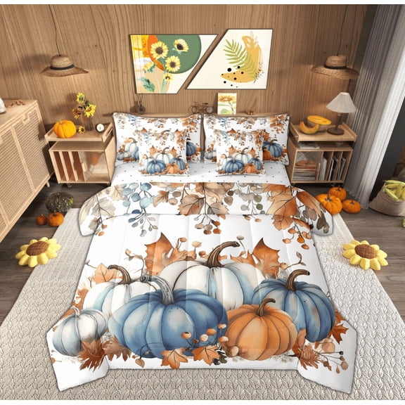 Manfei Blue Fall Pumpkin Bedding Comforter Set 7-Piece for Teen, Happy Harvest King Bedding Sets, Autumn Maple Leaf Reversible Bed Sheets, Microfiber Bedroom Decor