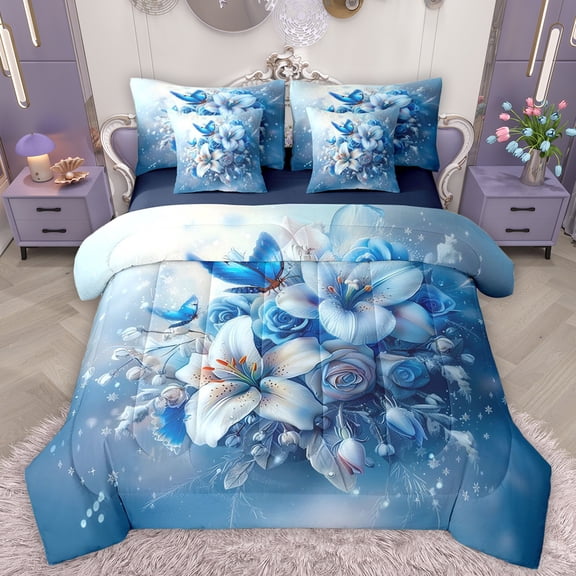 Manfei Blue Floral Blower Twin Bedding Sets 7-Piece, Mystic Butterfly Moth Bedding Comforter Set, Winter Snowflake Reversible Sheet Sets, Super Cozy Room Decor