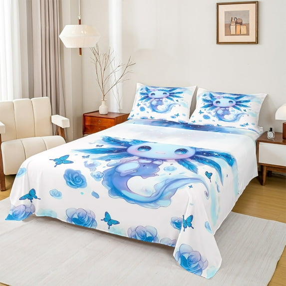 Manfei Blue Flower Axolotl Bed Sheets, Dreamy Butterfly Animal King Sheets, Teens Boys Girls Kids Sheet Set, Ultra Soft Home Decor, 4-Piece