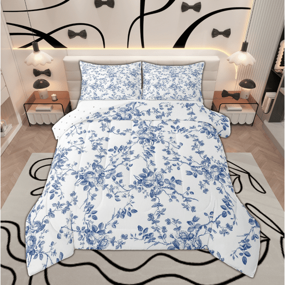 Manfei Blue Flower Bedding Comforter Set, Spring Garden Floral Twin Comforter Sets, Tropical Vintage Blossom Bedding Set, Microfiber Bedroom Decor Reversible 2-Piece