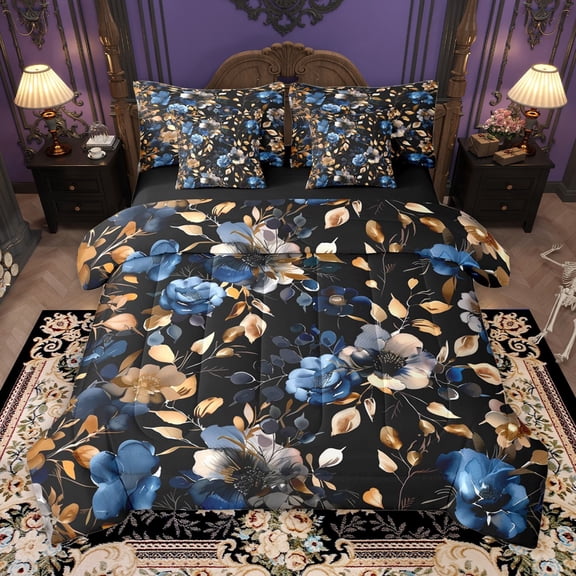 Manfei Blue Flowers 7-Piece Bedding Comforter Set for Teens,Tree Leaves King Bedding Sets,Floral Blossoms Ultra Soft Bed Sheets,Microfiber Bedroom Decor,Reversible