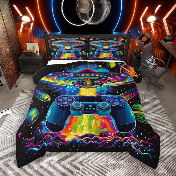 Manfei Blue Gamepad Queen Comforter Set 3 Pieces, Teen Boys Gaming Bedding Sets, Colorful Planet UFO Bedding Comforter Set, Microfiber Bedroom Decor