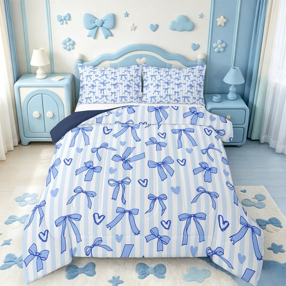 Manfei Blue Girly Bow Full Size Comforter Sets,Coquette Bowknot Bedding Comforter Set,Navy Blue Reversible,3 Pieces,1 Comforter and 2 Pillowcases