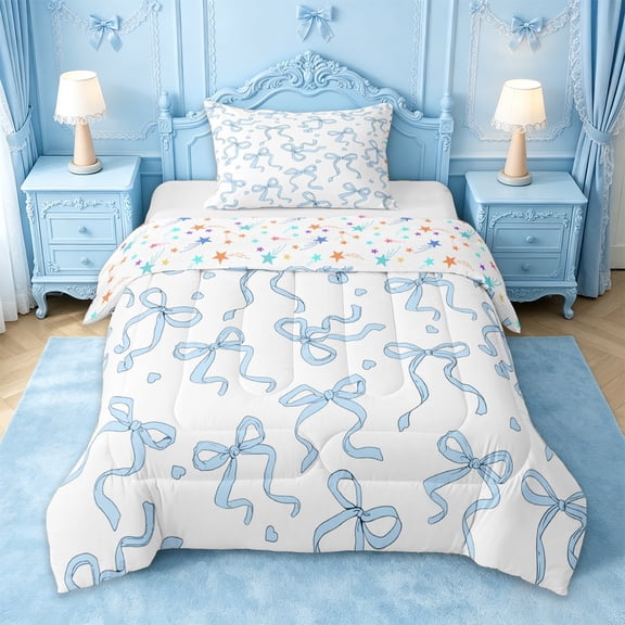 Manfei Blue Girly Bow Twin Comforter Sets For Girls,Cartoon Heart Print Bedding Set For Kids,Colorful Stars Reversible,2 Pieces