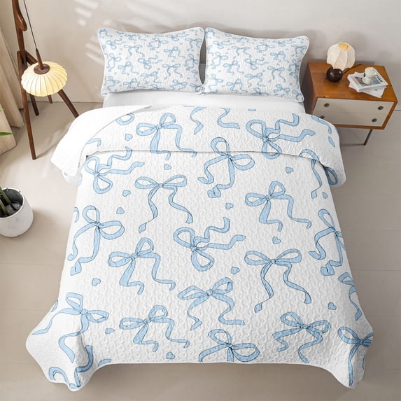Manfei Blue Girly Bow Twin Quilt Set For Girls,Cartoon Heart Print Twin Coverlet Set For Kids,2 Pieces