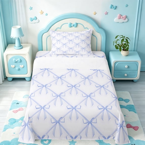 Manfei Blue Girly Bow Twin Sheets,Kawaii Bowtie Bedding,3pcs,1 Flat Sheet,1 Fitted Sheet and 1 Pillowcase