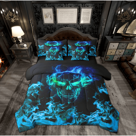 Manfei Blue Gothic Skull Bed in a Bag Queen size, Horror Halloween Bedding Sets Queen Size, Teens Boys Girls Reversible Bedding Queen Size, Breathable Bedroom Decor, 7pcs
