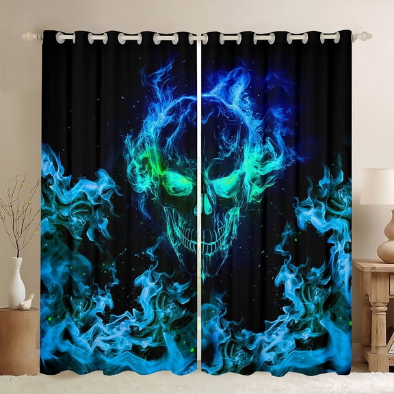 Manfei Blue Gothic Skull Curtains Pack of 2 (42x84), Horror Halloween Black Out Curtains, Teens Boys Girls Blackout Curtains for Bedroom, Window Treatments Bedroom Decor