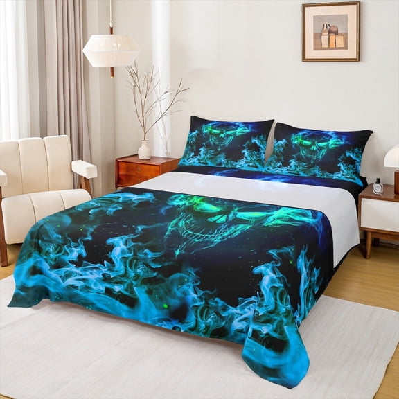 Manfei Blue Gothic Skull King Sheet Sets, Horror Halloween Bed Sheets King, Teens Boys Girls Bedding Sets King Size, Breathable Bedroom Decor, 4pcs