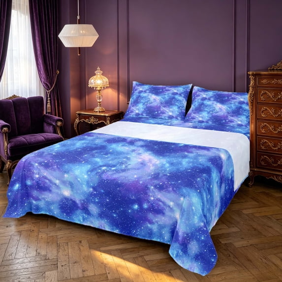 Manfei Blue Gradient Nebula Queen Sheets,Celestial Stars Design Queen Sheet Sets,4 Pieces,1 Flat Sheet,1 Fitted Sheet and 2 Pillowcases