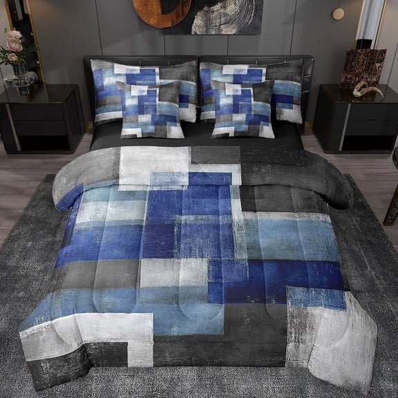 Manfei Blue Gray Checkered 7-Piece Twin Bedding Sets,Abstract Geometric Art Bedding Comforter Set,Vintage Grid Pattern Sheet Sets For Girls Boys,Microfiber Bedroom Decor Reversible