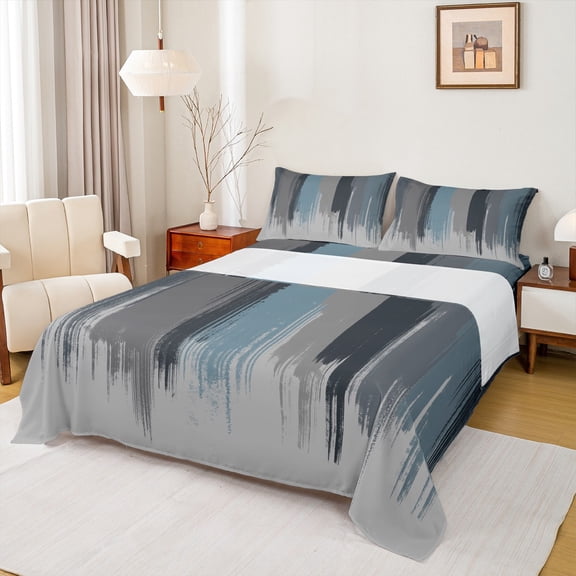 Manfei Blue Gray Ombre Twin Sheet Sets 3pcs, Watercolor Artwork Twin Fitted Sheet, Vintage Oil Painting Flat Sheet, Breathable Home Decor