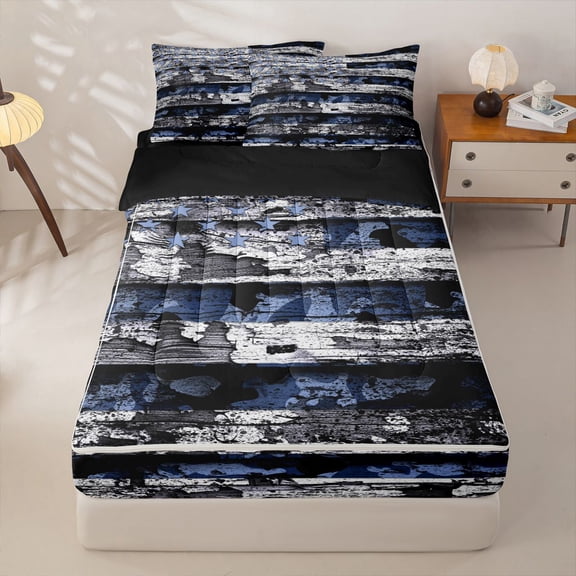 Manfei Blue Gray Us Flag Zipper Twin Comforter Sets with Fitted Sheet and 2 Pillowcases,Grunge Camouflage Zipper Bedding Set,Black Reversible,4pcs