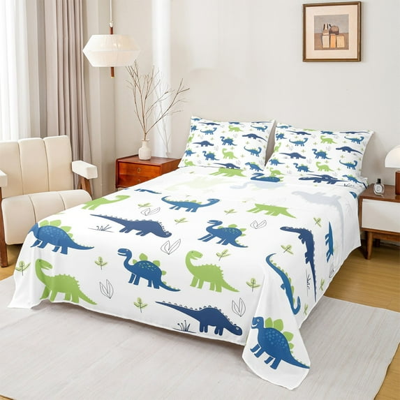 Manfei Blue Green Dino Bed Sheets for Kids Boys, Cartoon Dinosaur King Sheets, Cute Wildlife Sheet Set, Ultra Soft Home Decor 4-Piece