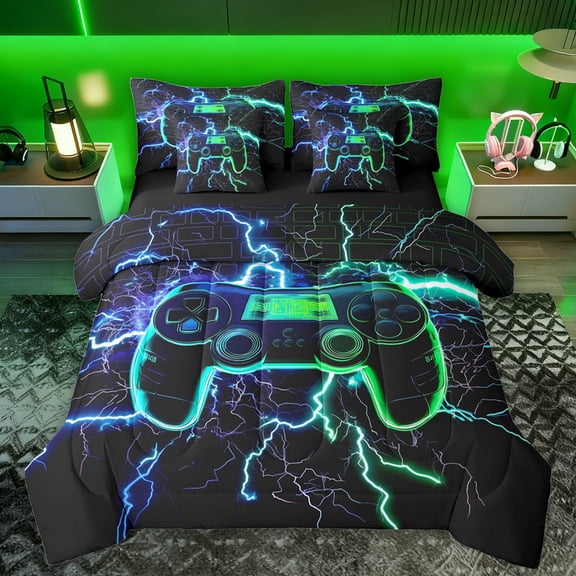 Manfei Blue Green Gamepad Bedding Comforter Set 7pcs for Kids, Modern Gaming Gamer King Bedding Sets, Neon Nature Lightning Reversible Bed Sheets, Luxury Bedroom Decor