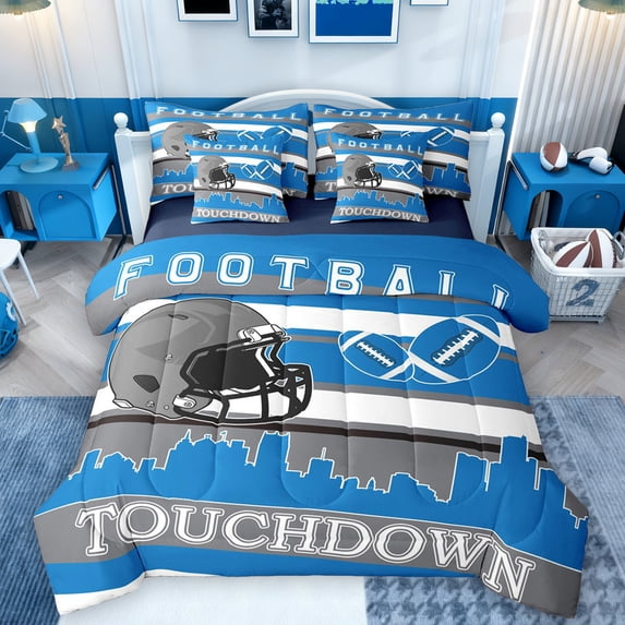 Manfei Blue Grey Helmet Bedding Comforter Set 7 Pieces for Teen, Eat Sleep Football Rugby Full Bedding Set, Modern Sports City Print Reversible Fitted Sheet Flat Sheet, Lightweight Room Decor