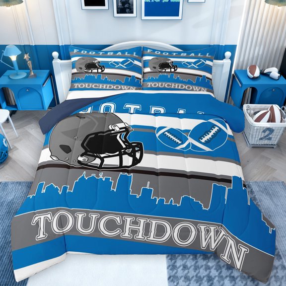Manfei Blue Grey Helmet Queen Comforter Set for Teen, Eat Sleep Football Rugby Bedding Sets, Modern Sports City Print Reversible Bedding Comforter Set, Lightweight Room Decor, 3pcs