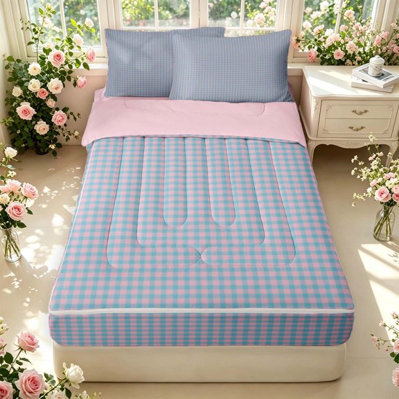 Manfei Blue Grid Zipper Twin Comforter Sets with Fitted Sheet and 2 Pillowcases,Modern Check Themed Zipper Bedding Set,Pink Reversible,4pcs
