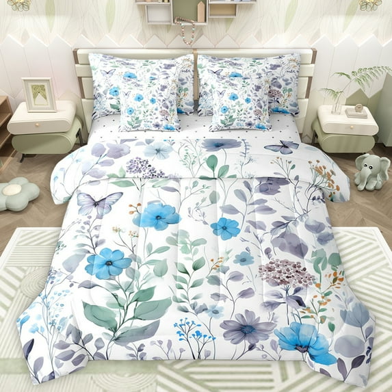 Manfei Blue Groovy Flower Bedding Comforter Set 7pcs for Kids, Rustic Plant Botancial King Bedding Sets, Watercolor Art Reversible Bed Sheets, Breathable Home Decor