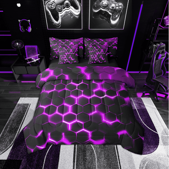 Manfei Blue Hexagon Honeycomb 7-Piece Bedding Comforter Set,Modern Geometric Aesthetic King Bedding Sets,Purple Black Geometric Bed Sheets For Teens,Microfiber Bedroom Decor Reversible