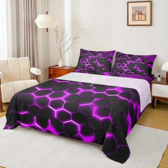 Manfei Blue Hexagon Honeycomb Bed Sheets,Modern Geometric Aesthetic King Sheets,Purple Black Geometric Sheet Set For Teens,Microfiber Bedroom Decor,4-Piece