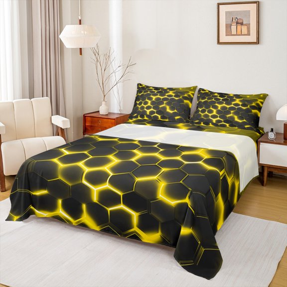 Manfei Blue Hexagon Honeycomb Queen Sheet Sets,Modern Geometric Aesthetic Flat Sheet,Yellow Black Geometric Queen Fitted Sheet For Boys,Microfiber Bedroom Decor,4-Piece