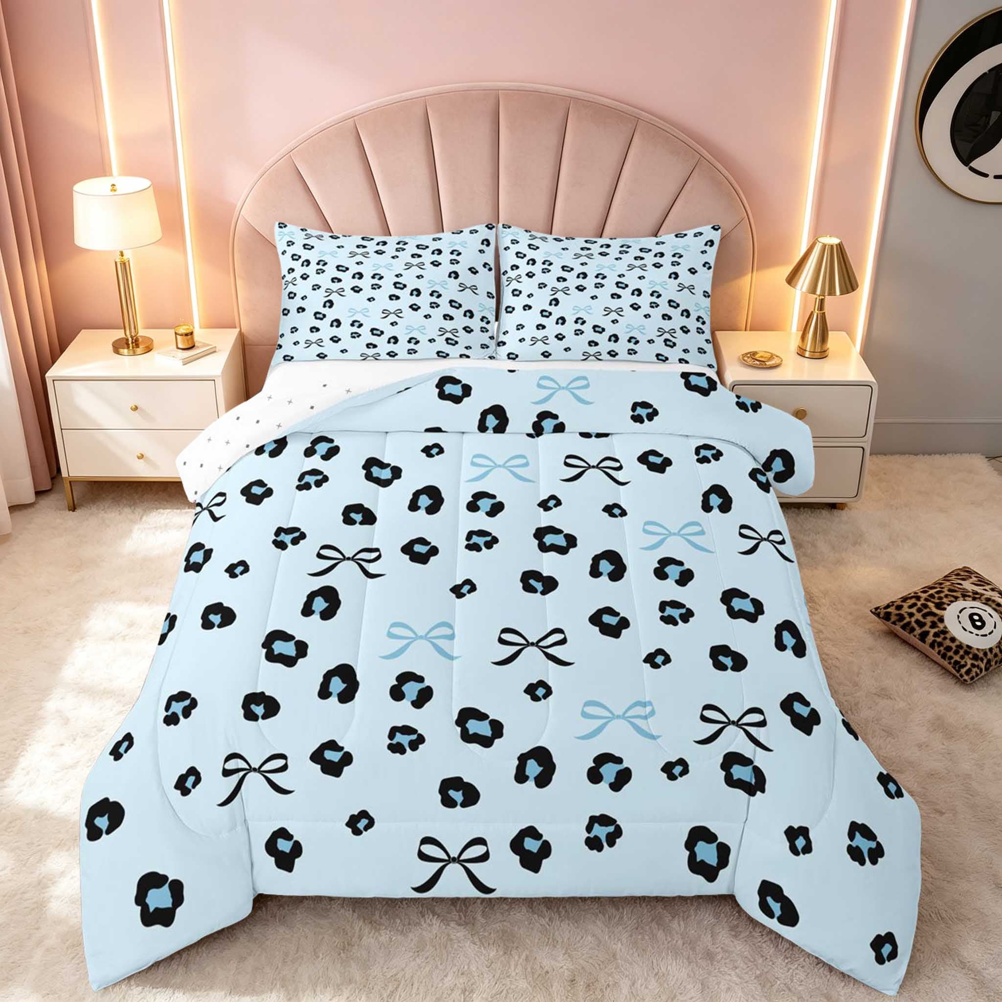 Baby Animal Ribon Manfei Blue Leopard Bows Queen Comforter Set, Ice Ribbon Dots Comforter ...