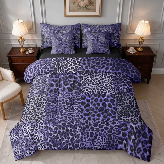 Manfei Blue Leopard Squares Queen Bedding, Indigo Patch Grid Bedding ...
