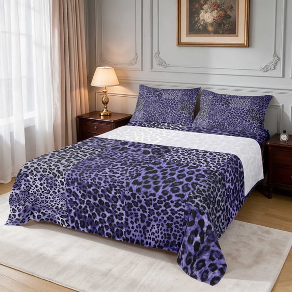 Manfei Blue Leopard Squares Queen Sheets, Indigo Patch Grid Queen Sheet ...
