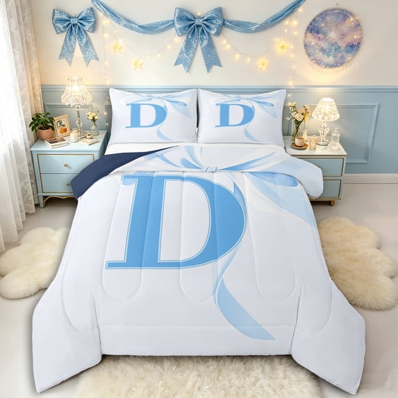 Manfei Blue Letter D Monogrammed Queen Comforter Set 3pcs for Kids Teens,Shabby Chic Romantic Initial Bow Bedding Comforter Set for Girls Women,Navy Blue Reversible,Super Cozy Room Decor