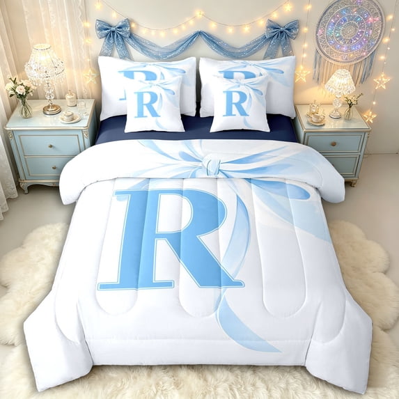 Manfei Blue Letter R Monogrammed Bedding Comforter Set 7-Piece for Kids Teens,Shabby Chic Romantic Initial Bow King Bedding Sets for Girls Women,Navy Blue Reversible,Breathable Home Decor