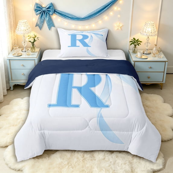 Manfei Blue Letter R Monogrammed Twin Comforter Sets 3-Piece for Kids Teens,Shabby Chic Romantic Initial Bow Bedding Set for Girls Women,Navy Blue Reversible,Breathable Home Decor