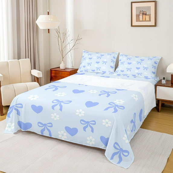 Manfei Blue Love Heart Queen Sheet Sets for Teen, Kawaii Princess Bow-tie Flat Sheet, Cartoon Bowknot Queen Fitted Sheet, Lightweight Room Decor, 4-Piece